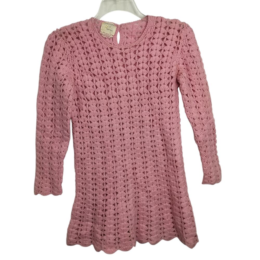 4793) Vintage Hand Crochet Tarnie Wool Pink Mini Sweater Dress Xs?